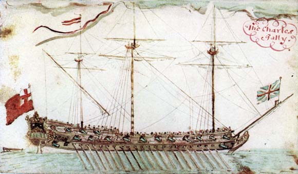 There are no surviving pictures of the Adventure Galley, but this is of a very similar ship, the Charles Galley